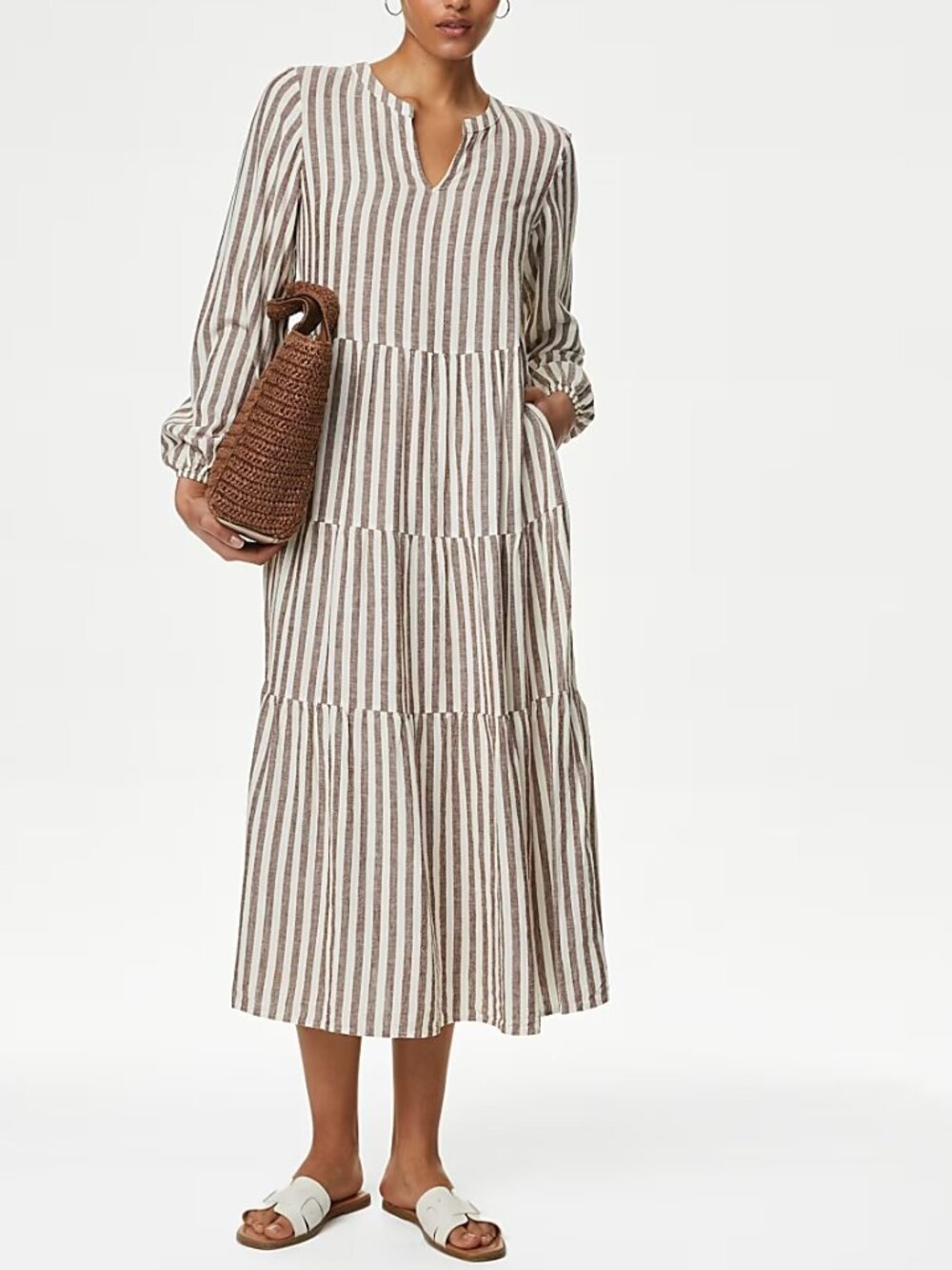 Marks & Spencer Linen Rich Striped V-Neck Midaxi Tiered Dress